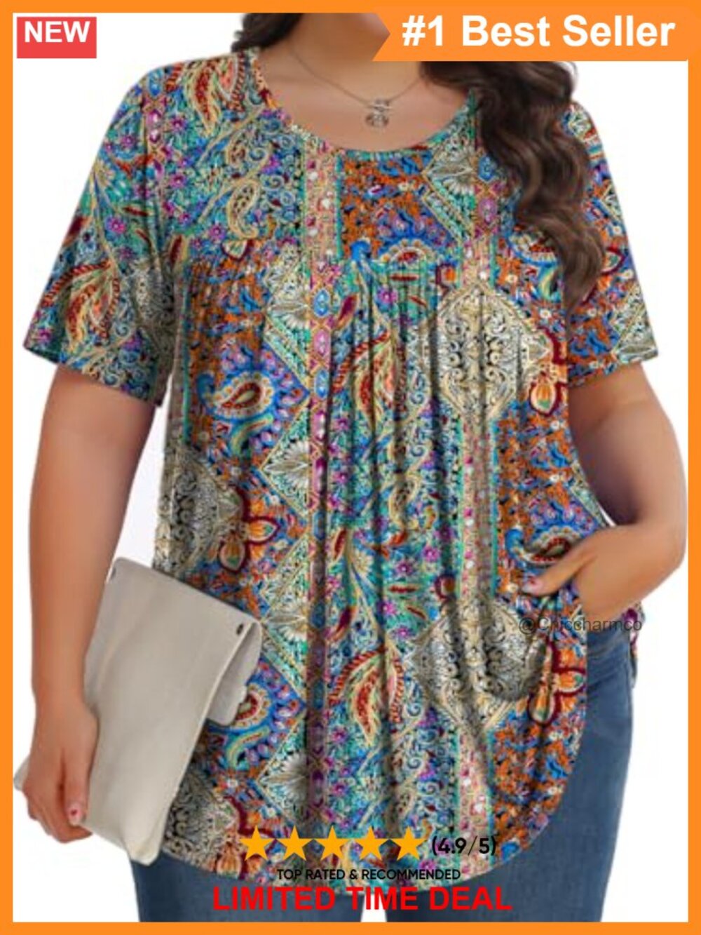 Plus Size Tunic Top Short Sleeve Crew Neck Blouse